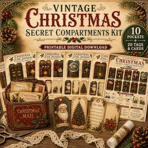 May include: A printable digital download kit titled Vintage Christmas Secret Compartments Kit, featuring 10 pockets and 20 tags and cards. The set includes sheets with Christmas junk journal designs, a mail box container, and assembly instructions.