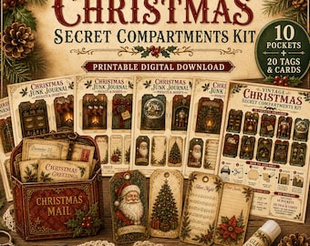 Vintage Christmas Junk Journal Pocket Kit, Secret Compartments, Printable Tags & Cards