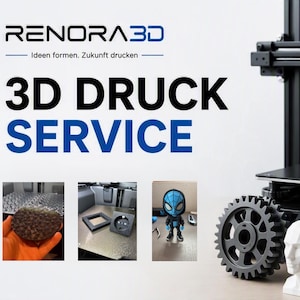 Könnte beinhalten: Eine Werbegrafik für einen 3D-Druckservice mit dem Text RENORA3D, 3D DRUCK SERVICE und Ideen formen. Zukunft drucken. Das Bild zeigt einen 3D-Drucker, ein dunkles Zahnrad, eine weiße Büste und drei kleine Fotos von gedruckten Objekten.