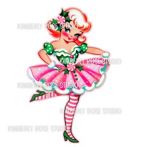 May include: A vintage-style illustration of a woman in a pink and white Christmas-themed outfit. She has red hair, rosy cheeks, and is wearing a pink polka-dot skirt, green and white striped stockings, and green shoes. The image has the text "KIMBERLY ROSE STUDIO".