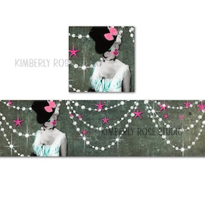 May include: A digital collage featuring a woman with a pink bow in her hair, wearing a blue dress and a pearl necklace. The background is a dark green with a string of pearls and pink stars.