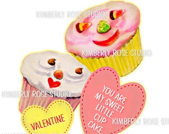 Anthropomorphic Sweet Little Cupcake Valentine's Day Card Clip Art: Digital Download