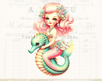 Kitsch zeemeermin rijden op zeepaardje illustraties, junk Journal, png (digitale download)
