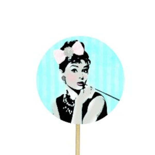 Audrey Hepburn Aqua Blue 1 inch Rounds/CupcakeToppers/Gift Tags/Stickers ....Instant Digital Download