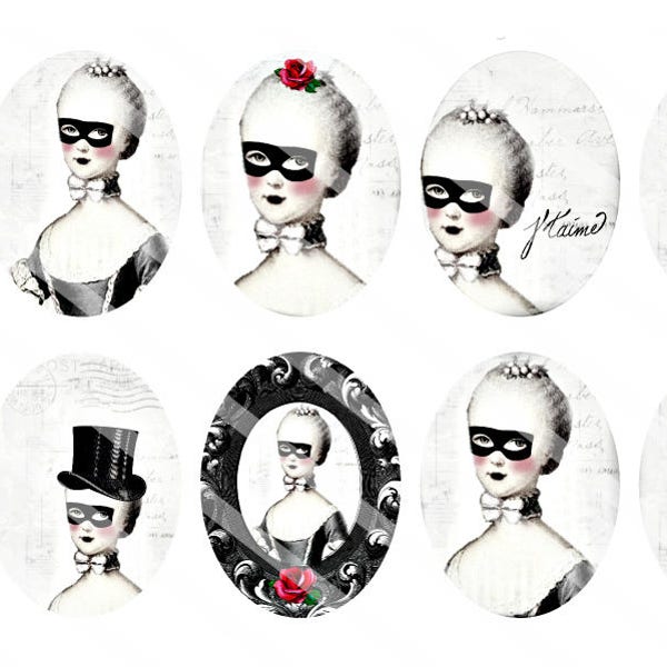 Marie Antoinette Dark MASQUERADE 30x40mm Ovals/Tags/Labels/Pendants-Digital Collage Sheet-Instant Digital Download