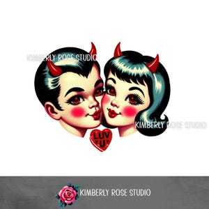 Imagen prediseñada PNG de niña y niño diablos kitsch "Luv U" para el día de San Valentín/Imagen prediseñada para el día de San Valentín