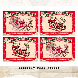 Dioramas de caja con adornos de Papá Noel y renos brillantes y brillantes: hojas de collage digital: descarga digital instantánea
