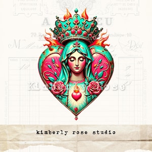 Immagine PNG Sacro Cuore Rosa Turchese con Vergine Maria/Clip Art Religiosa/Clip Art Sacro Cuore No2