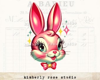 Retro Kitsch Pretty Pink Big Eyed Bunny Head Clip Art /Pink Easter PNG/Easter Clip Art No 2