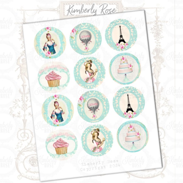 Whimsical Paris Marie Antoinette, Let Them Eat Cupcakes 2 inch Round Gift Tags, Cupcake Toppers ....Instant Digital Download