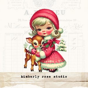 Fille de Noël kitsch rétro serrant dans ses bras renne Clip Art pour collage/Journal indésirable/découpes difficiles/Image PNG/Noël Clip Art n° 3 /Kitschmas