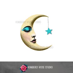 Hanging Blue Star Crescent Altered Moon Clip Art/PNG Man in the Moon