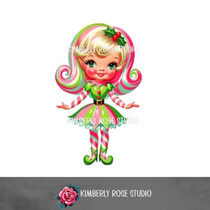 May include: A Christmas elf with pink and green candy cane striped hair, wearing a green and pink dress with a candy cane striped skirt and matching candy cane striped stockings. The elf is wearing green shoes and has a holly sprig in her hair.