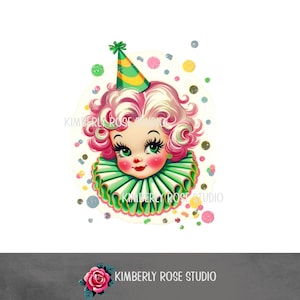 Clip art de payaso de fiesta kitsch retro con confeti brillante/cortes delicados/imagen PNG/clip art de cumpleaños n.° 3