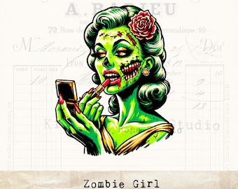 Może przedstawiać: Zielona dziewczyna zombie z czerwoną szminką i czerwoną różą we włosach nakłada szminkę złotym pomadkowym. Tło to strona z vintage'owego księgi rachunkowej.