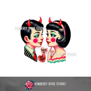 May include: A vintage-style illustration of a couple with devil horns, looking at each other with hearts that say "Will U Be Mine".