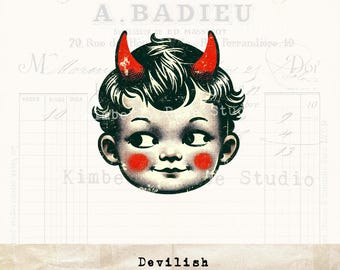 Kitsch Devil Boy Clip Art: Retro Halloween PNG Image (Digital Download)