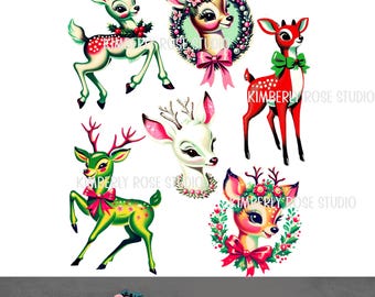 May include: Six vintage Christmas reindeer illustrations. The reindeer are in various poses, including standing, sitting, and looking up. They are all wearing festive decorations, such as wreaths, bows, and bells. The reindeer are all in a cartoon style and have large eyes.