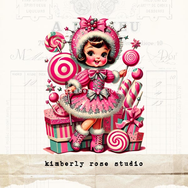 Retro Kitsch Christmas Candy Girl Clip Art (PNG)