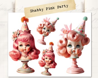 Pink Party Girl Baby Doll Heads on Pedestals/ Fussy Cut Ephemera/Collage Sheet/ Instant Download, Junk Journal