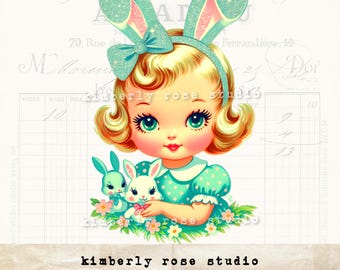 Retro Bunny Girl Clip Art: Pink Easter PNG (Digital Download)