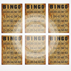 May include: Six vintage-style bingo cards with a brown background and black text. The cards feature the numbers 1, 10, 12, 13, 15, 20, 24, 25, 26, 27, 32, 33, 34, 41, 46, 50, 53, 58, 59, 62, 63, 72, and 74. The word "FREE" is in the center of each card.