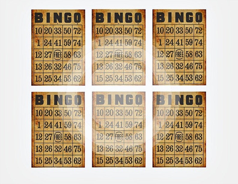 May include: Six vintage-style bingo cards with a brown background and black text. The cards feature the numbers 1, 10, 12, 13, 15, 20, 24, 25, 26, 27, 32, 33, 34, 41, 46, 50, 53, 58, 59, 62, 63, 72, and 74. The word "FREE" is in the center of each card.