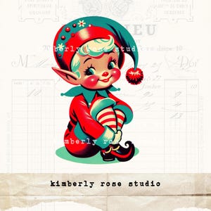 Clip art kitsch elfe de Noël câlin aux genoux pour collage/journal indésirable/découpes difficiles/Image PNG/Noël Clip Art/Kitschmas