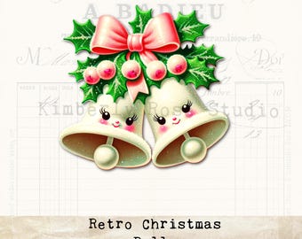 Retro Kitsch Anthropomorphic Christmas Bells Pink Bow Clip Art  for Collage/Junk Journal/Fussy Cuts/Png Image/Christmas Clip Art