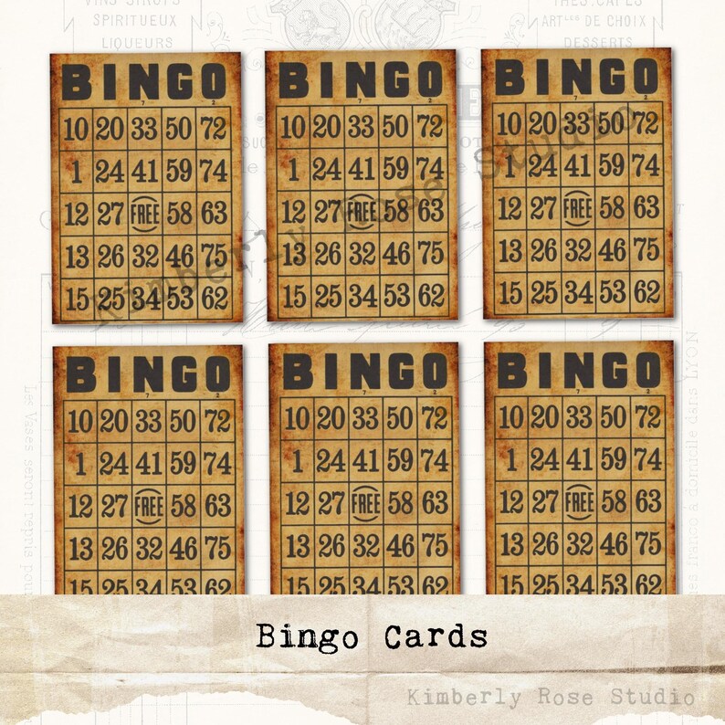 May include: Six vintage-style bingo cards with a brown background and black text. Each card has the word "BINGO" at the top and a grid of numbers. The center square of each card says "FREE".