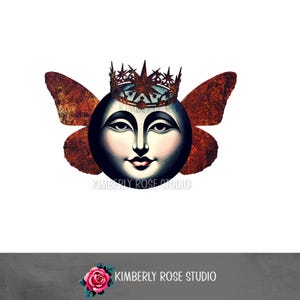 May include: A digital art print featuring a serene face with a crown and butterfly wings. The face is a mix of blue and white, with a gentle smile. The wings and crown have a rusty, textured appearance. The image is set against a white background.