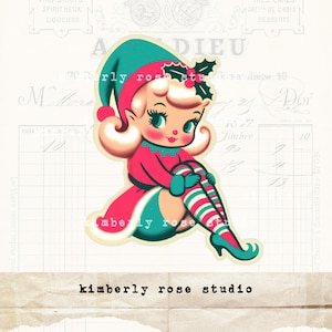 Clip art kitsch elfe de Noël câlin aux genoux pour collage/journal indésirable/découpes difficiles/Image PNG/Noël Clip Art/Kitschmas
