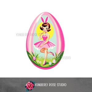 May include: A pink Easter egg with a girl wearing bunny ears and a pink dress inside. The egg is surrounded by green grass and colorful Easter eggs.