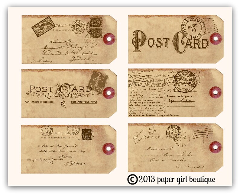 POSTCARD CARTE POSTALE Vintage Ephemera Hang Tags No.001 ....Instant Digital Download