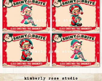 May include: Four vintage Christmas ornament boxes with a red background and white trim. Each box features a cartoon elf holding a Christmas ornament. The text "Shiny Brite" is printed in red and white on each box. The text "Glass Christmas Tree Ornaments" is printed on each box.