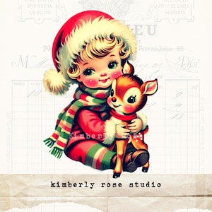 Garçon de Noël kitsch rétro étreignant renne Clip Art pour collage/Journal indésirable/découpes difficiles/Image Png/Noël Clip Art/Kitschmas