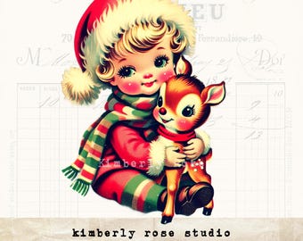 Retro Kitsch Christmas Boy hugging Reindeer Clip Art  for Collage/Junk Journal/Fussy Cuts/Png Image/Christmas Clip Art /Kitschmas