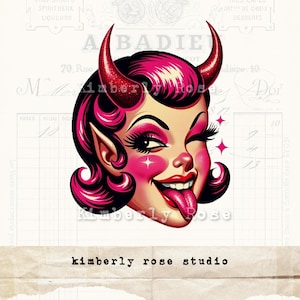 Imagen PNG de cabeza de niña diabólica kitsch coqueta/Clip Art de terror de Halloween/Clip Art de diablo retro