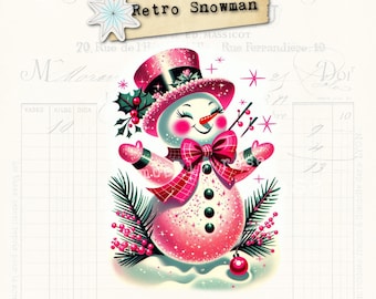 Retro Pink Snowman Clip Art: Collage & Junk Journal (PNG Image)