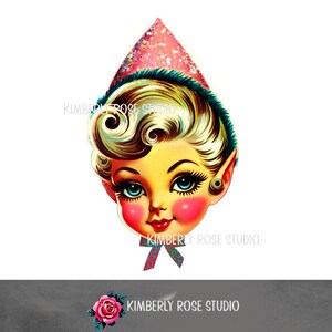 May include: A vintage illustration of a girl's face with blonde hair, wearing a pink and green elf hat. The girl has large blue eyes and rosy cheeks. The image is on a white background.