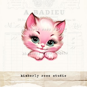 Tête de chaton Kitsch assez rose duveteux aux grands yeux Clip Art/Chaton PNG/Clip Art rétro