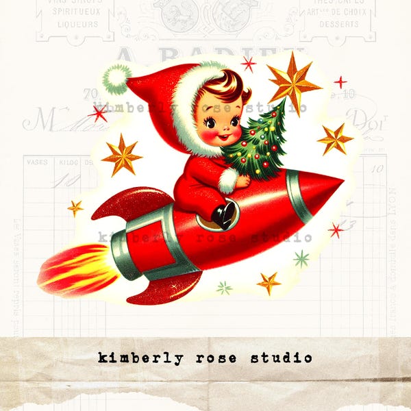 Retro Christmas Boy on Rocket Clipart: Atomic PNG Image (Digital Download)