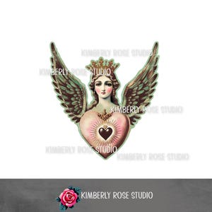 Shabby Vintage Mother Mary heilig hart engelenvleugels PNG-afbeelding/religieuze illustraties/illustraties heilig hart