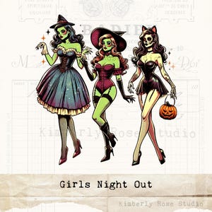 Halloween "Girls Night Out" Glam Girls Pin Up PNG Bild / Halloween Horror Clip Art / Best Friends Clip Art
