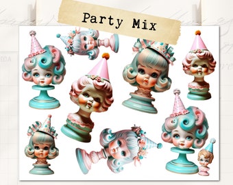 Party Girls Kitsch Baby Doll Heads on Pedestals/ Fussy Cut Ephemera/Collage Sheet/ Instant Download, Junk Journal