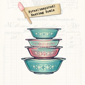 May include: A set of four nesting bowls in a vintage style with a turquoise blue and pink color scheme. The bowls feature a starburst pattern with a white background. The bowls are stacked on top of each other, with the largest bowl at the bottom and the smallest bowl at the top. The bowls are labeled "Pyrex (inspired) Nesting Bowls".