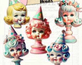 Vintage Baby Doll Heads Clip Art: Kitsch Party Girls PNG Images