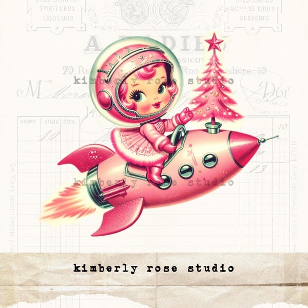Retro Pink Christmas Girl on Rocket: Atomic Clip Art (PNG Image)