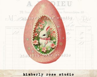 Kitsch Easter Bunny Diorama Clip Art: Shabby Pink Egg PNG (Digital Download)