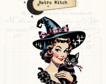 Retro Witch with Black Cat PNG: Halloween Clip Art (Digital Download)
